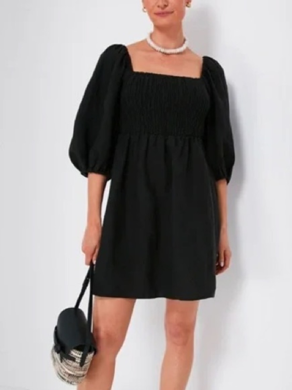 Tuckernuck Smocked Puff-Sleeve Minidress in Black